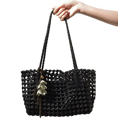 Women's Open Weave Leather Tote Bag with Braided Shoulder Straps and Interior Zip Compartment