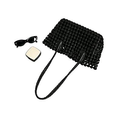 Women's Open Weave Leather Tote Bag with Braided Shoulder Straps and Interior Zip Compartment