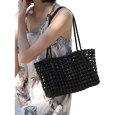 Women's Open Weave Leather Tote Bag with Braided Shoulder Straps and Interior Zip Compartment
