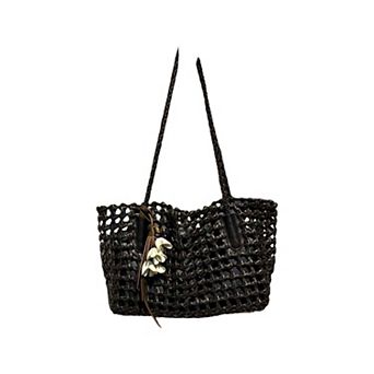 Women's Open Weave Leather Tote Bag with Braided Shoulder Straps and Interior Zip Compartment