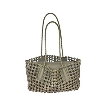 Women's Open Weave Leather Tote Bag with Braided Shoulder Straps and Interior Zip Compartment