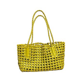 Women's Open Weave Leather Tote Bag with Braided Shoulder Straps and Interior Zip Compartment