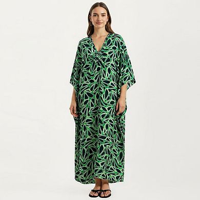 Women's Floral Print Kaftan Maxi Dress with V-Neck Button Front and Flowy Batwing Sleeves