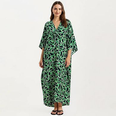 Women's Floral Print Kaftan Maxi Dress with V-Neck Button Front and Flowy Batwing Sleeves