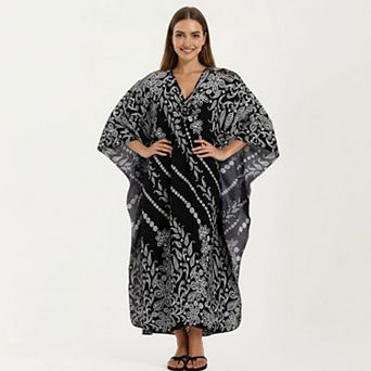 Women's Floral Print Kaftan Maxi Dress with V-Neck Button Front and Flowy Batwing Sleeves