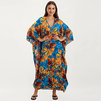 Women's Floral Print Kaftan Maxi Dress with V-Neck Button Front and Flowy Batwing Sleeves
