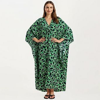 Women's Floral Print Kaftan Maxi Dress with V-Neck Button Front and Flowy Batwing Sleeves