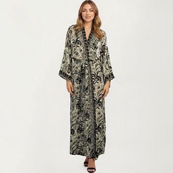 Women's Floral Paisley Maxi Dress with Long Sleeves Adjustable Waist Tie and Flowing Relaxed Fit