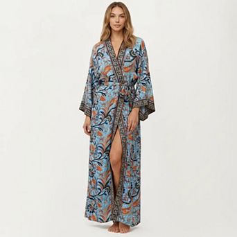 Women's Floral Paisley Maxi Dress with Long Sleeves Adjustable Waist Tie and Flowing Relaxed Fit