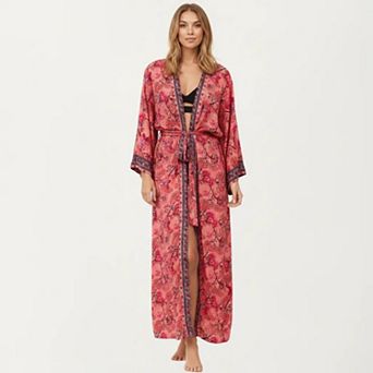 Women's Floral Paisley Maxi Dress with Long Sleeves Adjustable Waist Tie and Flowing Relaxed Fit