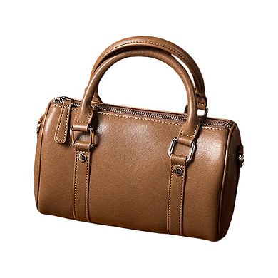 Women's Structured Leather Barrel Satchel with Top Handles Compact Cylinder Shape