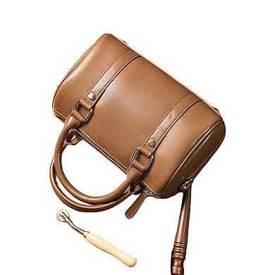 Women's Structured Leather Barrel Satchel with Top Handles Compact Cylinder Shape