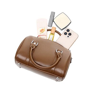 Women's Structured Leather Barrel Satchel with Top Handles Compact Cylinder Shape