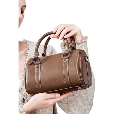 Women's Structured Leather Barrel Satchel with Top Handles Compact Cylinder Shape