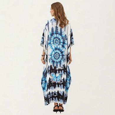 Women's Tie Dye Medallion Kaftan Maxi Dress with VNeckline and Relaxed Flowy Silhouette