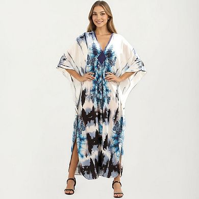 Women's Tie Dye Medallion Kaftan Maxi Dress with VNeckline and Relaxed Flowy Silhouette