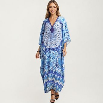 Women's Tie Dye Medallion Kaftan Maxi Dress with VNeckline and Relaxed Flowy Silhouette