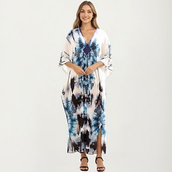 Women's Tie Dye Medallion Kaftan Maxi Dress with VNeckline and Relaxed Flowy Silhouette