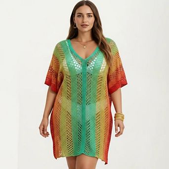 Women's Ombre Crochet Swim Cover Up Dress with Open Knit Mesh Design V Neck Short Sleeves Relaxed