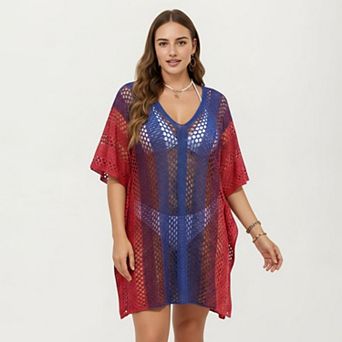 Women's Ombre Crochet Swim Cover Up Dress with Open Knit Mesh Design V Neck Short Sleeves Relaxed