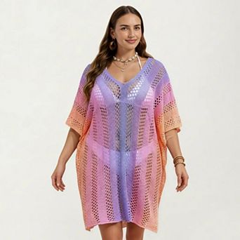 Women's Ombre Crochet Swim Cover Up Dress with Open Knit Mesh Design V Neck Short Sleeves Relaxed