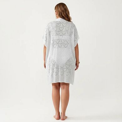 Women's Open Front Knit Cardigan with Heart Pointelle Pattern Short Sleeves Relaxed Mid Length Fit