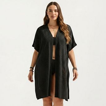 Women's Open Front Knit Cardigan with Heart Pointelle Pattern Short Sleeves Relaxed Mid Length Fit