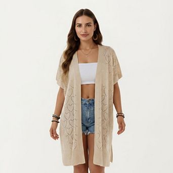 Women's Open Front Knit Cardigan with Heart Pointelle Pattern Short Sleeves Relaxed Mid Length Fit