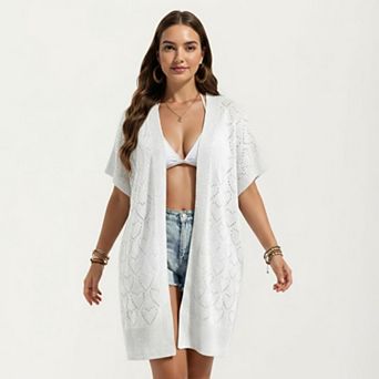 Women's Open Front Knit Cardigan with Heart Pointelle Pattern Short Sleeves Relaxed Mid Length Fit