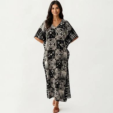 Women's Geometric Print Maxi Caftan Dress with VNeckline Relaxed Fit and Draped Silhouette