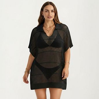 Women's Mesh Swim Cover Up Dress with Open Knit Design Collared Neckline Short Sleeves Relaxed Fit