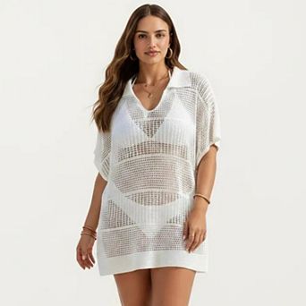 Women's Mesh Swim Cover Up Dress with Open Knit Design Collared Neckline Short Sleeves Relaxed Fit