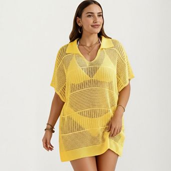 Women's Mesh Swim Cover Up Dress with Open Knit Design Collared Neckline Short Sleeves Relaxed Fit