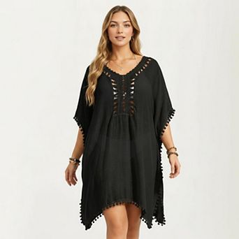 Women's Swim Cover Up Dress with Crochet Cutout Neckline Pom Trim Hem Loose Short Sleeves Relaxed