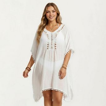 Women's Swim Cover Up Dress with Crochet Cutout Neckline Pom Trim Hem Loose Short Sleeves Relaxed