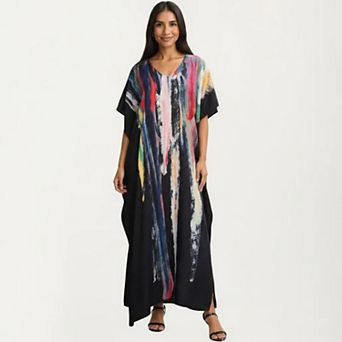 Women's Abstract Print Maxi Caftan Dress with VNeckline Short Sleeves and Relaxed Draped Silhouette