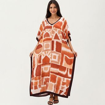 Women's Abstract Print Maxi Caftan Dress with VNeckline Short Sleeves and Relaxed Draped Silhouette