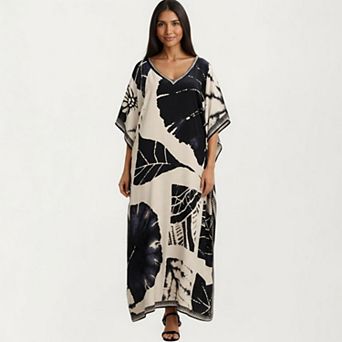 Women's Abstract Print Maxi Caftan Dress with VNeckline Short Sleeves and Relaxed Draped Silhouette