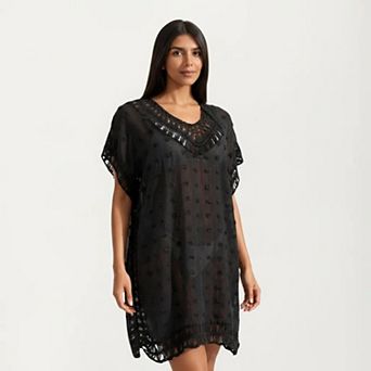 Women's Sheer Crochet Trim Cover Up Dress with Tassel Detail Relaxed Fit and Short Sleeves