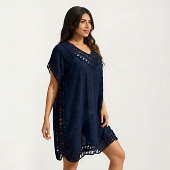 Women's Sheer Crochet Trim Cover Up Dress with Tassel Detail Relaxed Fit and Short Sleeves