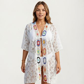 Women's Lace Swim Cover Up Cardigan with Crochet Trim Floral Pattern Open Front and Relaxed Sleeves