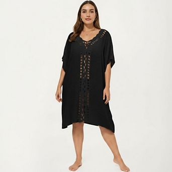 Women's Swim Cover Up Kaftan Dress with Crochet Cutout Trim Loose Short Sleeves Relaxed Midi Fit