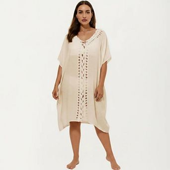 Women's Swim Cover Up Kaftan Dress with Crochet Cutout Trim Loose Short Sleeves Relaxed Midi Fit