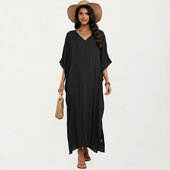 Women's VNeck Maxi Swim Cover Up Dress Loose Short Sleeve Lightweight Beach Caftan