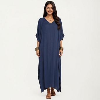 Women's VNeck Maxi Swim Cover Up Dress Loose Short Sleeve Lightweight Beach Caftan