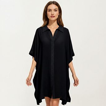 Women's Button Front Swim Cover Up Shirt Dress Loose Lightweight Beach Kaftan