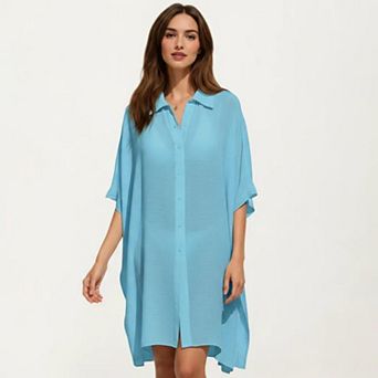 Women's Button Front Swim Cover Up Shirt Dress Loose Lightweight Beach Kaftan