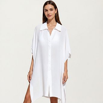 Women's Button Front Swim Cover Up Shirt Dress Loose Lightweight Beach Kaftan