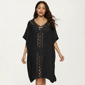Women's Crochet Trim Swim Cover Up Dress Loose Short Sleeve Lightweight Beach Kaftan