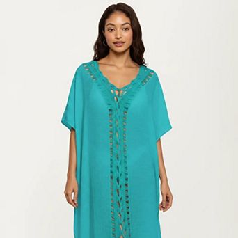 Women's Crochet Trim Swim Cover Up Dress Loose Short Sleeve Lightweight Beach Kaftan
